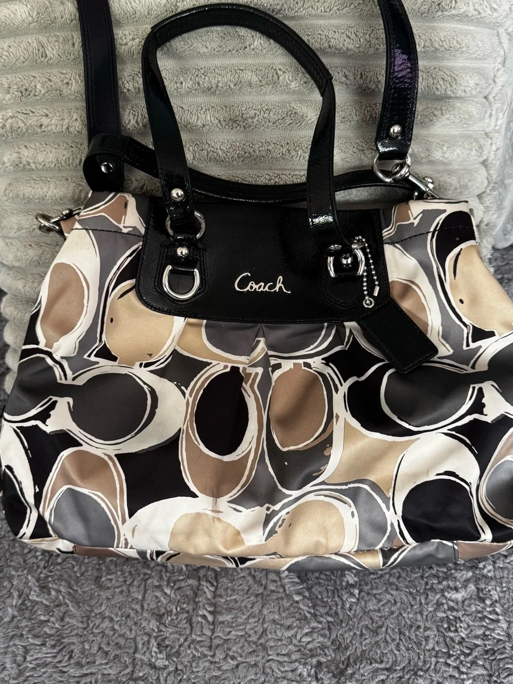 Coach Beige, Black & Cream Signature Circle Tote with Patent Trim